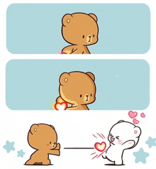 a cartoon of a teddy bear holding a heart next to a white teddy bear holding a heart .