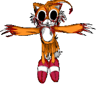 a drawing of tails from sonic the hedgehog with bloody eyes