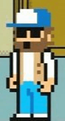 a pixel art of a man wearing a blue hat , sunglasses , and a white shirt .