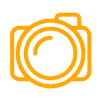 a yellow icon of a camera lens with a white background