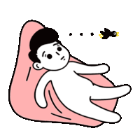 a cartoon of a man laying on a bean bag chair with a bird flying above him .