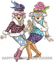 a cartoon of two older women wearing sunglasses and hats waving .