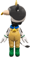 a cartoon character wearing overalls and green boots has a bell around his neck