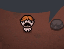 a pixel art character with a speech bubble is standing next to a rock .