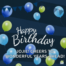 a birthday card with blue and green balloons says happy birthday jojie cheers to wonderful years ahead