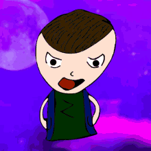 a cartoon drawing of a man with a purple background