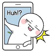 a cartoon character is standing in front of a cell phone with the words `` huh ? '' written on it .