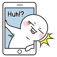 a cartoon character is standing in front of a cell phone with the words `` huh ? '' written on it .