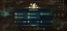 a screenshot of a game showing reward results for joker varnish armor varnish weapon crystal and weapon recipe