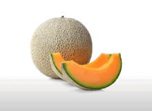 a cantaloupe with a slice cut out of it on a white background