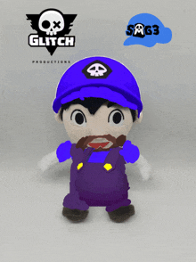 a stuffed toy with a glitch productions logo behind him