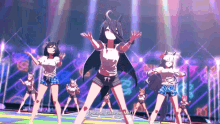 a group of anime girls are dancing on a stage and one of them says please gaze on me !