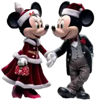 mickey mouse and minnie mouse wearing santa hats and holding hands