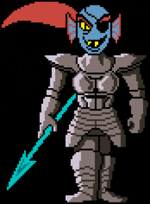 a pixel art of a knight with a blue spear