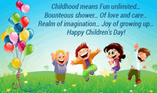 a happy children 's day greeting card with a bunch of balloons