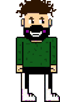 a pixel art illustration of a man with a beard wearing a green sweater and white shoes .