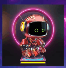 a red robot with two green eyes is surrounded by neon lights