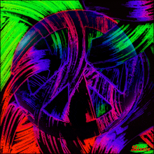 a glow in the dark peace sign is surrounded by colorful swirls