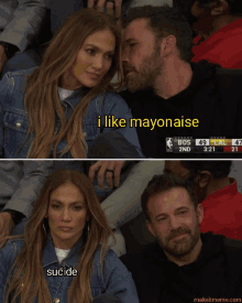 a man and a woman are watching a basketball game and the woman says i like mayonaise and the man says suicide