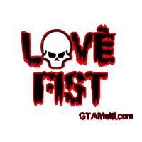 a red and black logo for love fist with a skull