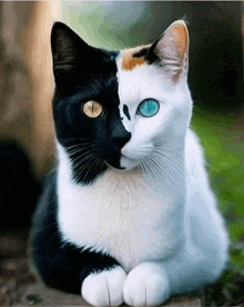 a half black half white cat with blue eyes