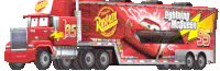 a red truck that says rusteze lightning mcqueen 95 on the side