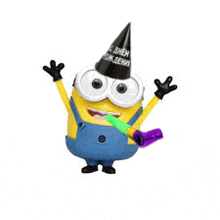 a minion is wearing a party hat and holding a horn .