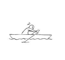 a black and white drawing of a man rowing a boat in the ocean .