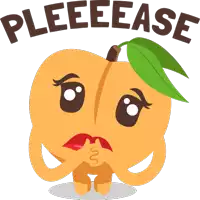 a cartoon peach with a green leaf and the words pleeeease