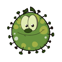 a cartoon drawing of a green virus with a face