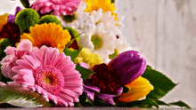 a bouquet of flowers including pink and yellow daisies and purple tulips