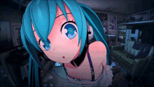 a girl with blue hair and headphones is looking at the camera