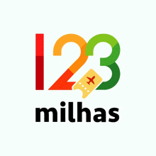 a colorful logo for 123 milhas with a plane ticket