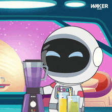 a cartoon illustration of an astronaut holding a blender and a drink