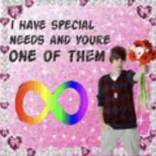 a man is holding a bouquet of flowers in front of a rainbow infinity sign .