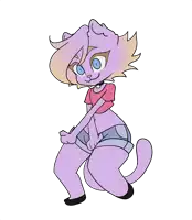 a cartoon drawing of a purple cat wearing shorts and a red shirt