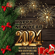 a happy new year greeting card with fireworks and gifts on a wooden background