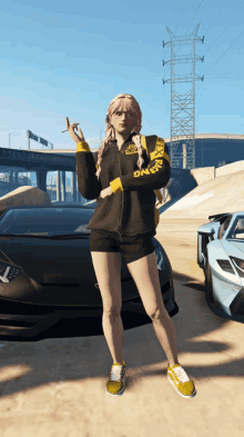 a girl standing in front of a car wearing a jacket that says ' oakland '