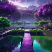 a painting of a lake with purple trees and a wooden dock