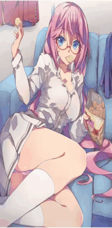 a girl with pink hair and glasses is sitting on a couch holding a bag of chips