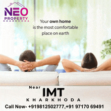 an advertisement for neo property kharkhoda shows a man and a woman sitting on a couch