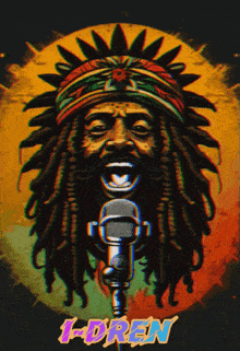 a painting of a man with dreadlocks singing into a microphone with the name loren on the bottom right