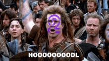 a man with a purple symbol on his face is surrounded by a group of men and the words hooooooooodl are visible