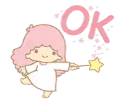 a little twin stars sticker of a girl with pink hair holding a wand with a star on it .