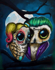 a painting of two owls with one wearing a joker outfit