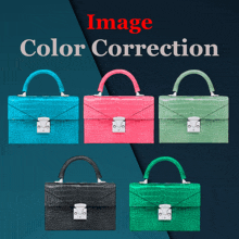 five different colored handbags on a blue background with the words image color correction above them