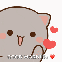 a cartoon cat says good morning with a heart in its mouth