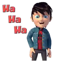 a cartoon character with a skull shirt and a denim jacket says ha ha ha ha