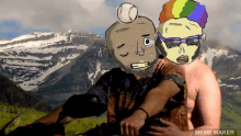 a meme maker shows a man holding another man in front of a snowy mountain