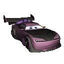 a purple and black cartoon car with a wing on top of it is on a white background .